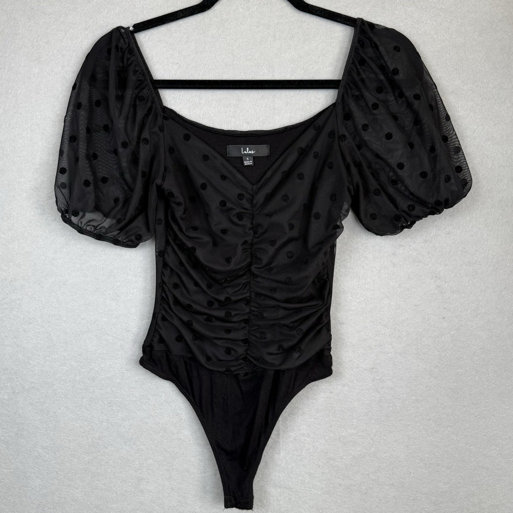 Lulus Sz S Black Ruched Bodysuit Short Sleeves Swiss Dot Whimsigoth Witchy GNO